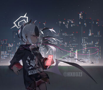1girl absurdres black_hair black_hoodie blue_archive closed_mouth demon_girl demon_horns demon_wings earphones hair_between_eyes halo highres holding holding_phone hood hoodie horns hxbdzj kayoko_(blue_archive) long_hair looking_ahead phone ponytail red_eyes red_skirt sidelocks single_wing skirt skyline solo two_side_up white_hair white_halo wings