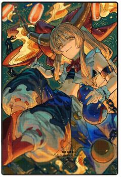 Rule 34 | 1girl, alcohol, blue pants, bow, brown horns, chain, commentary, commentary request, crop top, cuffs, cup, english text, gourd, hair bow, highres, holding, holding cup, holding gourd, horns, ibuki suika, long hair, oftooon, oni, orange eyes, orange hair, pants, red bow, sakazuki, sake, shackles, shirt, shoes, sleeveless, smile, solo, torn clothes, torn sleeves, touhou, twitter username