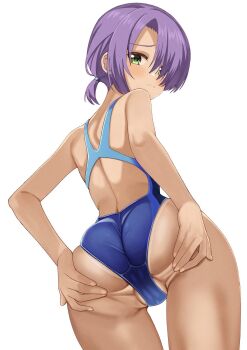 1girl arms_behind_back ass ass_support back bare_arms blue_one-piece_swimsuit blush cafe_stella_to_shinigami_no_chou cameltoe closed_mouth commentary competition_swimsuit cowboy_shot dark-skinned_female dark_skin film_grain from_behind from_below frown furrowed_brow green_eyes hair_over_one_eye hands_on_own_ass highleg highleg_one-piece_swimsuit highres hiuchidani_mei long_bangs looking_at_viewer looking_back official_alternate_costume one-piece_swimsuit one_eye_covered partially_visible_vulva purple_hair racerback short_hair simple_background skindentation solo split_mouth swimsuit symbol-only_commentary tan tanline tft_(tft7822) white_background