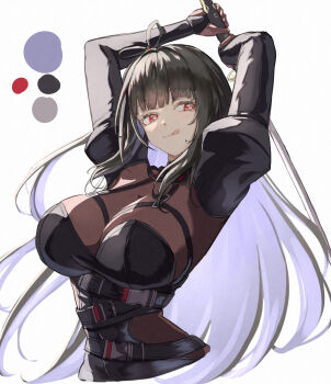 1girl arms_up belt belt_collar belt_pouch black_belt black_bodystocking black_bridal_gauntlets black_hair blush bodystocking breasts bridal_gauntlets chaos_zero_nightmare chest_harness cleavage collar colored_inner_hair commentary_request cropped_torso detached_sleeves harness heart heart-shaped_pupils highres holding holding_sword holding_weapon katana large_breasts licking_lips long_hair looking_at_viewer moppo multicolored_hair night pouch red_eyes rin_(chaos_zero_nightmare) see-through_cleavage see-through_clothes sidelocks solo sword symbol-shaped_pupils tongue tongue_out very_long_hair weapon