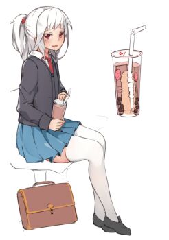 1boy artificial_vagina bag black_cardigan black_footwear blouse blue_skirt cardigan chair collared_shirt crossdressing crossdressing_(mtf) cup discreet discreet_sex_toy discreet_vibrator disposable_cup dress_shirt drink drinking_glass drinking_straw drooling long_hair long_sleeves looking_at_viewer male_focus male_masturbation masturbation miniskirt necktie nib_pen_(medium) open_mouth original pen_(medium) penis pleated_skirt ponytail red_eyes red_neckwear school_bag school_uniform sex_toy shirt short_sleeves simple_background sitting skirt sounding stealth_masturbation stmast tearing_up tears thighhighs traditional_media trap urethral_beads urethral_insertion wavy_mouth white_background white_hair white_legwear white_shirt