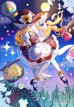 Rule 34 | 1girl, apron, back bow, blonde hair, bow, braid, broom, broom riding, brown hat, brown skirt, brown vest, cha xian, collared shirt, commentary, english text, flower, frilled bow, frilled skirt, frills, full body, full moon, gloves, hair bow, hat, hat bow, highres, jar, kirisame marisa, long hair, looking at viewer, moon, night, one eye closed, open mouth, pantyhose, pink bow, puffy short sleeves, puffy sleeves, shirt, short sleeves, side braid, single braid, skirt, sky, smile, solo, touhou, very long hair, vest, waist apron, white bow, white flower, white gloves, white pantyhose, white shirt, witch hat, yellow eyes, yellow flower