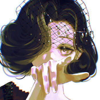 1girl absurdres covered_mouth eyelashes fishnet_veil hair_over_one_eye hand_up highres looking_at_viewer one_eye_covered pointing pointing_at_another portrait purple_eyes reverse:1999 short_hair solo tuesday_(reverse:1999) white_background xiao_xiazi