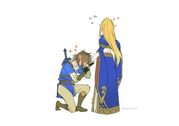 1boy 1girl black_gloves blonde_hair blue_dress blush boots breasts brown_boots commentary_request couple dress earrings fingerless_gloves flying_sweatdrops full_body gloves gold_trim grey_pants hair_over_eyes hair_tie hetero highres jewelry juliet_sleeves kiss kissing_hand link long_dress long_hair long_sleeves master_sword medium_breasts nintendo on_one_knee pants pointy_ears ponytail princess_zelda puffy_sleeves royal_guard_set_(zelda) shirt short_ponytail shuo_yue sidelocks sword sword_on_back the_legend_of_zelda the_legend_of_zelda:_breath_of_the_wild twitter_username vambraces weapon weapon_on_back white_background white_shirt wide_sleeves