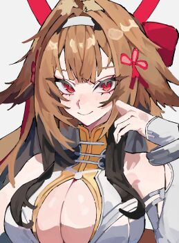 1girl absurdres alternate_breast_size_(larger) animal_ear_fluff animal_ears armlet bare_shoulders blush bracelet breasts brown_hair china_dress chinese_clothes cleavage closed_mouth clover clover_hair_ornament commentary_request dress droopy_ears grey_background hair_ornament hairband hand_up highres jewelry large_breasts long_hair metal_bracelet red_eyes silver_armlet silver_bracelet simple_background smile solo very_long_hair walk43049101art white_dress white_hairband ye_shunguang zenless_zone_zero