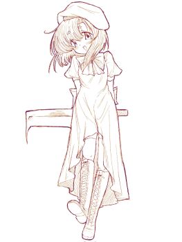 Rule 34 | 1girl, :d, arms behind back, back bow, beret, blush, boots, bow, bowtie, commentary, curtained hair, dress, english commentary, full body, hat, highres, higurashi no naku koro ni, knee boots, leg up, lineart, looking at viewer, medium hair, monochrome, nata (tool), nekotorine, open mouth, puffy short sleeves, puffy sleeves, ryuuguu rena, short sleeves, smile, standing, standing on one leg