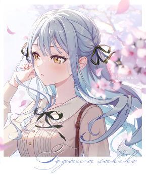 Rule 34 | 1girl, bang dream!, bang dream! it's mygo!!!!!, black ribbon, blue hair, braid, breasts, character name, cherry, collarbone, commentary, english commentary, floating hair, food, fruit, green ribbon, hair ribbon, hand up, highres, iku2727, long hair, medium breasts, multiple girls, neck ribbon, ribbon, shirt, sidelocks, solo, togawa sakiko, white shirt, yellow eyes