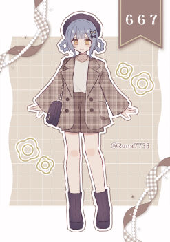 1girl absurdres bag beret black_bag black_boots black_hat blue_hair blunt_bangs boots braid braided_hair_rings brown_cardigan brown_shorts cardigan closed_mouth commentary_request double-parted_bangs full_body hair_rings handbag hat highres jewelry lapels long_sleeves looking_at_viewer mahou_shoujo_no_majo_saiban medium_hair necklace numbered open_cardigan open_clothes outline plaid_cardigan plaid_clothes plaid_shorts runa_(runa7733) shirt shorts shoulder_bag smile solo standing tachibana_sherry turtleneck turtleneck_shirt twitter_username unmoving_pattern white_outline white_shirt wide_sleeves yellow_eyes