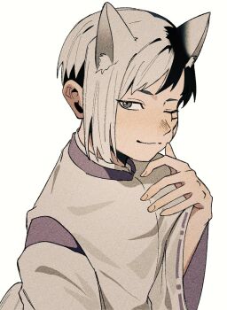 0a_9_(pixiv82791714) 1boy aged_down animal_ear_fluff animal_ears asagiri_gen black_hair closed_mouth dr._stone extra_ears fingernails fox_boy fox_ears fox_tail grey_eyes hand_up japanese_clothes kariginu kemonomimi_mode long_sleeves looking_at_viewer male_focus multicolored_hair one_eye_closed ribbon-trimmed_sleeves ribbon_trim short_hair smile solo split-color_hair tail two-tone_hair upper_body white_background white_hair wide_sleeves