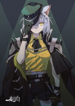 1girl aiguillette animal_ears arknights ascot belt black_ascot black_belt black_gloves black_hat black_shorts breasts cat_ears cat_girl coat coat_on_shoulders collared_shirt commentary_request cowboy_shot delphine_(arknights) expressionless gloves grey_hair hair_over_one_eye harukan_tiusu hat highres holding holding_sword holding_weapon looking_at_viewer one_eye_covered peaked_cap shirt short_hair short_shorts shorts solo standing sword weapon yellow_eyes yellow_shirt