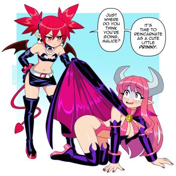 2girls absurdres bat_wings black_gloves blush breasts cape choker commentary demon_girl demon_tail demon_wings disgaea earrings elbow_gloves english_commentary english_text etna_(disgaea) flat_chest gameplay_mechanics gloves highres horns jewelry large_breasts long_hair makai_senki_disgaea multiple_girls navel nico-neko open_mouth pink_eyes pink_hair pointy_ears red_eyes red_hair revealing_clothes skirt skull_earrings succubus_(disgaea) tail thighhighs twintails wings