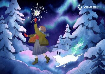 1girl absurdres animal arctic_fox arm_up aurora black_ears black_eyes blue_sky boots brown_hair colored_extremities fiery_tail fire firecrackers fox green_boots green_fire green_jacket grey_scarf grey_skirt heikala highres jacket jacket_lining logo looking_up medium_skirt mittens night night_sky original painting_(medium) pine_tree pleated_skirt quilted_lining red_mittens scarf skirt sky snow snow_on_tree solo sparkle star_(sky) tail traditional_media tree watercolor_(medium) white_fur wide_shot winter xp-pen