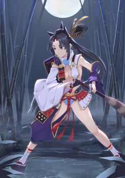 1girl absurdres armor asymmetrical_clothes asymmetrical_sleeves bamboo bamboo_forest black_hair blue_eyes blue_panties breast_curtains breasts commentary commentary_request commission detached_sleeves english_commentary faldeus fate/grand_order fate_(series) feather_hair_ornament feathers forest full_moon hair_ornament hat highres holding holding_sheath japanese_armor kusazuri light_particles long_hair medium_breasts mismatched_sleeves moon nature night open_mouth outdoors panties parted_bangs pom_pom_(clothes) purple_sleeves revealing_clothes sheath sheathed shoulder_armor side_ponytail single_pantsleg sky smile socks sode solo standing sword tassel tate_eboshi underwear ushiwakamaru_(fate) ushiwakamaru_(second_ascension)_(fate) weapon white_sleeves white_socks