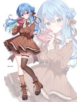 Rule 34 | 1girl, :o, asymmetrical legwear, belt, belt buckle, blue eyes, blue hair, blush, boots, box, brown belt, brown boots, brown shirt, brown skirt, brown socks, brown thighhighs, buckle, closed mouth, commentary request, gift, hair between eyes, hair bun, heart-shaped box, highres, holding, holding gift, hololive, hoshimachi suisei, lace-up boots, long hair, mauve, multicolored hair, multiple views, parted lips, shirt, single side bun, skirt, socks, standing, standing on one leg, striped clothes, striped shirt, striped skirt, striped socks, thighhighs, thighhighs under boots, twitter username, two-tone hair, vertical-striped clothes, vertical-striped shirt, vertical-striped skirt, vertical-striped socks, very long hair, virtual youtuber, wavy mouth, white background, zoom layer
