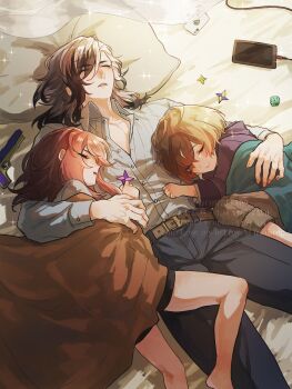 1girl 2boys ace_(playing_card) ace_of_spades aged_down artist_name aventurine_(honkai:_star_rail) bed bed_sheet belt belt_buckle black_hair black_pants black_shorts blanket blonde_hair boothill_(honkai:_star_rail) brown_belt brown_pants buckle buttons cable card cellphone charging_device child closed_eyes closed_mouth collared_shirt commentary_request dice drooling eyes_visible_through_hair grey_hoodie grey_shirt hair_between_eyes hair_over_one_eye highres honkai:_star_rail honkai_(series) hood hood_down hoodie hug kakavasha_(honkai:_star_rail) long_hair long_sleeves lying mole mole_under_eye multicolored_hair multiple_boys obibi1105 on_back on_bed on_side open_collar open_mouth pants parted_bangs parted_lips phone pillow pink_hair playing_card rappa_(honkai:_star_rail) sharp_teeth shirt shirt_tucked_in short_hair short_shorts shorts shuriken sleeping smartphone smile spade_(shape) sparkle streaked_hair teeth toy_gun twitter_username watermark weapon white_hair white_shirt wing_collar