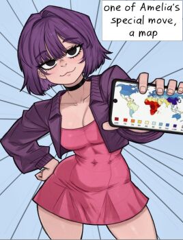 1girl 2026 :3 alternate_breast_size_(larger) amelia_(pathways) black_choker blush bob_cut breasts cellphone choker cleavage collarbone commentary contrapposto cowboy_shot curvy dress emphasis_lines english_commentary english_text eyebrows_hidden_by_hair foreshortening hair_between_eyes hair_intakes hand_on_own_hip head_tilt highres holding holding_phone jacket long_sleeves map medium_breasts mole mole_under_eye navel orangtheman outstretched_arm pathways_(game) phone pink_dress politics purple_hair purple_jacket short_hair sitting smartphone smug white_background