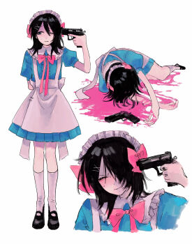 1girl apron arm_behind_back black_footwear black_hair blood blue_dress blue_eyes bow bowtie closed_mouth cropped_shoulders crying death dress grimace gun gun_to_head hair_ornament hair_over_one_eye hairclip hand_up handgun highres holding holding_gun holding_weapon kneehighs maid maid_headdress mary_janes medium_hair multiple_views nervous nervous_sweating on_ground one_eye_closed original pink_blood pink_bow pink_bowtie pool_of_blood scared sequential shoes short_dress simple_background socks standing subaru_(user_tmwv7722) suicide sweat turn_pale v-shaped_eyebrows weapon white_apron white_background