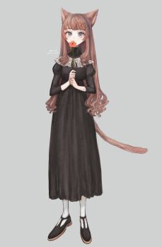 Rule 34 | 1girl, animal ears, black dress, black shoes, brown hair, cat ears, cat tail, commentary request, covering own mouth, dated, dress, flower, full body, grey background, grey eyes, highres, holding, holding flower, limo nine, long dress, long hair, looking at viewer, original, shoes, signature, simple background, socks, solo, standing, swept bangs, tail, turtleneck, turtleneck dress, white socks