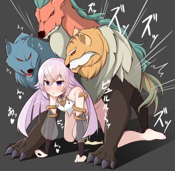 1girl all_fours bare_shoulders bestiality black_claws black_sleeves blue_fur blue_gemstone blush breasts chimera chimera_(grimms_notes) cum deer detached_sleeves doggystyle empty_eyes fangs fingerless_gloves gem gloves grey_background grimms_notes highres long_hair magic_mirror_(grimms_notes) medium_breasts monster multicolored_fur open_mouth purple_hair rape red_eyes red_fur sex sex_from_behind shadow simple_background sound_effects tail tiger torn_clothes wanwanmanmanman white_fur wolf yellow_fur