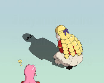 Rule 34 | 2girls, ?, akuyaku reijou tensei ojisan, anna doll, blonde hair, brown skirt, cat shadow puppet (meme), glasses, grace auvergne, highres, jacket, meme, multiple girls, pink hair, red jacket, school uniform, shadow, skirt, squatting, tondabayashi kenzaburou, ueyama michirou, unworn eyewear