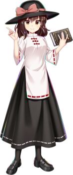 Rule 34 | 1girl, black hat, black shoes, black skirt, book, bow, breasts, brown eyes, brown hair, brown pantyhose, full body, game asset, hat, hat bow, highres, holding, holding book, loafers, long sleeves, looking at viewer, medium breasts, medium hair, official art, pantyhose, pink bow, ribbon-trimmed skirt, ribbon-trimmed sleeves, ribbon trim, rotte (1109), shirt, shoes, simple background, skirt, solo, third-party source, touhou, touhou lostword, transparent background, usami renko, white shirt, wide sleeves