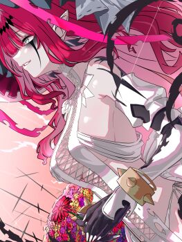 1girl baobhan_sith_(fate) baobhan_sith_(third_ascension)_(fate) bare_shoulders black_hands bracelet breasts cleavage colored_extremities cross-laced_clothes cross-laced_dress detached_sleeves dress fate/grand_order fate_(series) flower grey_eyes grin highres jewelry large_breasts long_hair niwaikanai pink_hair pointy_ears sideboob sidelocks smile solo spiked_bracelet spikes