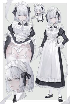 1girl absurdres apron black_dress black_shoes chibi chibi_inset clothes_lift collared_dress commentary dress english_commentary frilled_apron frilled_dress frills garter_straps gloves grey_eyes grey_hair highres juliet_sleeves lifting_own_clothes long_sleeves maid maid_apron maid_headdress multiple_views neck_ribbon original panties puffy_sleeves raresauce ribbon shoes short_hair skirt skirt_lift thighhighs underwear white_apron white_gloves white_headdress white_panties white_ribbon white_thighhighs
