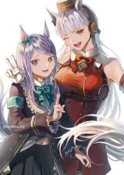 2girls absurdres animal_ears armband bare_shoulders black_jacket black_skirt blunt_bangs bow bowtie breasts brown_hat commentary_request dress ear_bow ear_ribbon frills gloves gold_ship_(red_strife)_(umamusume) gold_ship_(umamusume) grey_hair hat highres horse_ears horse_girl horse_tail jacket large_breasts long_hair long_sleeves looking_at_viewer mejiro_mcqueen_(frontline_elegance)_(umamusume) mejiro_mcqueen_(umamusume) multiple_girls open_mouth pillbox_hat pleated_skirt purple_eyes purple_hair red_bow red_bowtie red_dress ribbon shirt skirt sleeveless sleeveless_dress smile soidaizu_soy striped_armband striped_clothes striped_shirt tail teeth umamusume upper_teeth_only v white_gloves