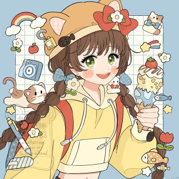 1girl :3 :d animal_hat blue_border blue_bow blush_stickers border bow braid brown_hair brown_hat camera cat cat_hat commentary drawstring earrings eeppa fish flower food fruit green_eyes grid_background hair_bow hat hat_bow highres holding holding_food holding_ice_cream hood hood_down hoodie ice_cream jewelry long_hair long_sleeves looking_at_viewer midriff navel open_mouth original outside_border pen red_bow red_flower red_tulip smile solo star_(symbol) strawberry symbol-only_commentary teeth tulip twin_braids upper_body upper_teeth_only watermark white_background yellow_hoodie