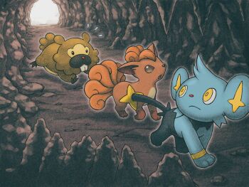 absurdres bidoof cave_interior gen_1_pokemon gen_4_pokemon highres nintendo no_humans official_art open_mouth pokemon pokemon_(creature) pokemon_mystery_dungeon pokemon_mystery_dungeon:_explorers_of_time/darkness/sky rock shinx vulpix walking
