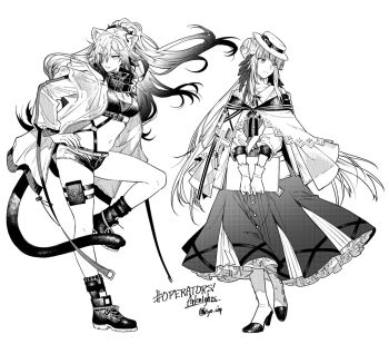 Rule 34 | 2girls, animal ear fluff, animal ear piercing, animal ears, ankle boots, arknights, boots, capelet, cat ears, cat tail, ceylon (arknights), crop top, dress, feathers, full body, gloves, gradient hair, greyscale, hand on own hip, hat, high heels, highres, holding, holding sketchbook, jacket, kyo zip, layered dress, long dress, long hair, micro shorts, midriff, monochrome, multicolored hair, multiple girls, navel, open clothes, open jacket, parted bangs, parted lips, ponytail, pouch, scarf, schwarz (arknights), shorts, sketchbook, sleeve cuffs, socks, standing, standing on one leg, tail, thigh pouch