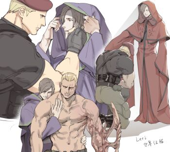 2boys abs bara beret black_gloves blonde_hair boots brown_hair closed_eyes couple evil_smile fingerless_gloves gloves green_pants hand_on_another's_face hat hood hood_down hood_up hooded_robe jack_krauser kneeling large_pectorals leon_s._kennedy multiple_boys muscular muscular_male navel pants pectorals purple_robe red_robe resident_evil resident_evil:_the_darkside_chronicles resident_evil_4 robe scar scar_on_face scar_on_mouth short_hair smile tatsumi_(psmhbpiuczn) topless_male yaoi