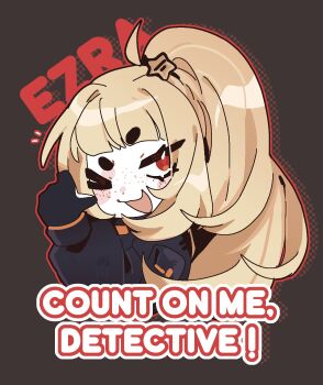 1girl blonde_hair chibi coat commentary english_commentary english_text ezra_(project_moon) gloves hair_ornament highres ny_000a one_eye_closed ponytail project_moon red_eyes star_(symbol) star_hair_ornament the_distortion_detective thick_eyebrows thumbs_up