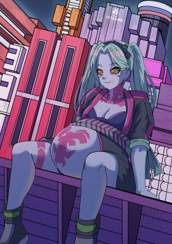 1girl absurdres breasts cleavage colored_sclera cyberpunk:_edgerunners cyberpunk_(series) female_focus green_eyes green_hair highres long_hair looking_at_viewer navel pale_skin pregnant rebecca_(cyberpunk) red_sclera sitting small_breasts solo stark_(shitake) tattoo twintails yuhancyan
