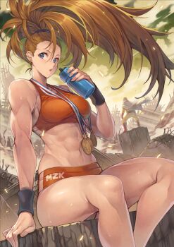 1boy 1girl abs arm_support bald bandaid bandaid_on_face biceps big_hair blue_eyes bodysuit cape captain_mizuki commentary_request earrings gloves hagure_keg high_ponytail highres jewelry jumpsuit medal medallion muscular muscular_female one-punch_man orange_hair orange_sports_bra ponytail red_gloves saitama_(one-punch_man) sitting sports_bra white_cape yellow_bodysuit yellow_jumpsuit