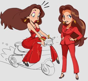 blazer blue_eyes bracelet brown_hair dress earrings gold_bracelet hands_on_own_hips high_heels highres jacket jewelry long_hair makeup mario_(series) motor_vehicle nintendo pants pauline_(mario) red_dress red_jacket red_lips red_pants scooter super_mario_odyssey tuckeryart
