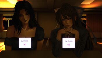 2girls artist_name black_dress black_hair bow brown_eyes brown_hair candyacne commentary crossover doki_doki_literature_club dress elbows_on_table english_commentary hair_bow highres monika_(doki_doki_literature_club) multiple_girls nikki_(obsession) obsession_(movie) own_hands_clasped own_hands_together smile strap_slip table video_game_dialogue_box window