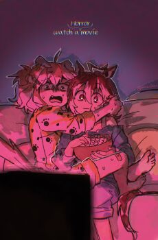 2girls :t agnes_tachyon_(umamusume) ahoge animal_ears arms_around_neck bandaid bandaid_on_knee bandaid_on_leg barefoot blue_shirt bowl bra_strap brown_eyes brown_hair chewing closed_mouth commentary_request couch dark ear_ornament ears_down eating english_text fang feet feet_out_of_frame fingernails food frilled_shirt frills full_body hair_between_eyes hair_ornament hairclip highres holding holding_bowl horse_ears horse_girl indoors jungle_pocket_(umamusume) korean_commentary living_room long_sleeves mazu1kan multicolored_hair multiple_girls notched_ear off-shoulder_shirt off_shoulder on_couch open_mouth outline pajamas paw_print paw_print_pattern pillow pink_theme popcorn print_shirt print_shorts puffy_long_sleeves puffy_sleeves scared shadow shirt short_hair shorts sitting sleeve_cuffs streaked_hair surprised sweat television three-quarter_sleeves toenails toes turn_pale twitter_username umamusume watching_television white_outline wide-eyed yellow_pajamas yellow_shirt yellow_shorts