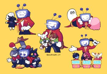 1girl 1other 6+boys armlet asriel_dreemurr black_pants blue_hair blue_skin bow bowtie brown_pants carrying carrying_person cat cat_mike_(deltarune) clothes_grab colored_skin colored_teeth controller cowboy_hat_mike crt deltarune fake_horns furry furry_female furry_male game_controller ghost gloves goat_boy green_pippins grey_jacket hairband hands_on_own_legs highres holding holding_controller holding_game_controller holding_microphone horns jacket jewelry kris_(dark_world)_(deltarune) kris_(deltarune) long_nose lying mettaton mettaton_(ghost) microphone multiple_boys multiple_views napstablook necktie necktie_grab neckwear_grab object_head on_stomach pants pink_skin pippins_(deltarune) podium podmachi_ut pointy_nose profanity purple_hair ralsei red_bow red_bowtie red_hairband shadowguy_(deltarune) sharp_teeth shoes simple_background sitting size_difference small_mike_(deltarune) smile spamton_g._spamton spiked_armlet standing susie_(dark_world)_(deltarune) susie_(deltarune) sweat tailcoat teeth twitter_username utdr_(toby_fox) white_gloves yellow_background yellow_necktie yellow_shoes yellow_teeth zapper_(deltarune)