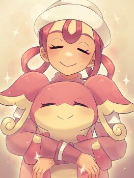 1girl 517pomme audino closed_eyes closed_mouth commentary_request dress eyelashes facing_viewer gen_5_pokemon hair_rings happy hat highres hug hug_from_behind joy_(pokemon) nintendo pink_dress pink_hair pokemon pokemon_(creature) pokemon_legends:_z-a smile sparkle white_hat