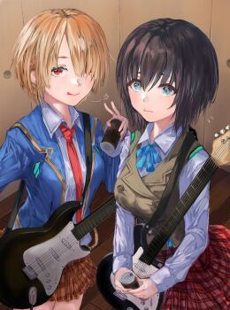 2girls :q aoi_erika black_hair blazer blonde_hair blue_bow blue_eyes blue_jacket blue_ribbon blush bow bowtie breasts brown_hair brown_skirt brown_vest buttons can closed_mouth collared_shirt drink drink_can electric_guitar flying_sweatdrops fuuka_koji green_eyes guitar guitar_strap hair_ornament hair_over_one_eye hairclip heaven_burns_red highres holding holding_can holding_drink holding_instrument indoors instrument jacket kayamori_ruka long_sleeves looking_at_viewer medium_breasts multiple_girls necktie one_eye_covered open_clothes open_jacket plaid_clothes plaid_skirt pleated_skirt red_eyes red_necktie red_skirt ribbon school_uniform shirt short_hair skirt smile standing tongue tongue_out v vest wavy_mouth white_shirt wooden_floor