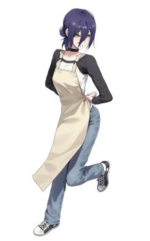 1girl :o absurdres apron arms_behind_back black_choker black_hair chainsaw_man choker collarbone commentary denim full_body green_eyes grenade_pin hair_between_eyes highres jeans long_hair_between_eyes long_sleeves looking_to_the_side pants reze_(chainsaw_man) shoes short_hair simple_background solo standing standing_on_one_leg suumon two-tone_sweater walking white_apron white_background