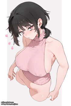 1girl bare_shoulders black_hair blush bottomless breasts closed_mouth from_above highres jjune large_breasts looking_at_viewer looking_up no_panties original pink_sweater ponytail red_eyes short_hair short_ponytail sideboob sleeveless sleeveless_sweater solo standing sweater turtleneck turtleneck_sweater