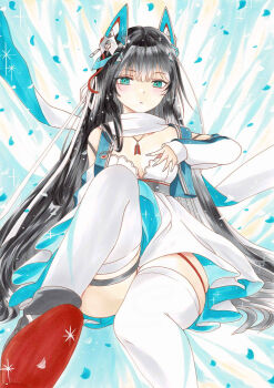 1girl :c aqua_eyes azur_lane black_hair breasts clarence_k._bronson_(azur_lane) closed_mouth commentary_request dress hand_up highres jewelry long_hair looking_at_viewer marker_(medium) necklace scarf sitting small_breasts solo thigh_strap thighhighs traditional_media uzuharu_(uduharu) white_dress white_scarf white_thighhighs