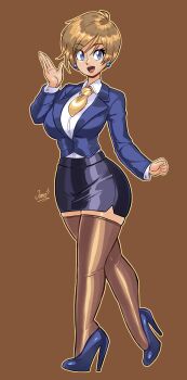 1girl absurdres blue_eyes breasts curvy earrings female_focus full_body high_heels highres jamoart jewelry large_breasts looking_at_viewer necktie secretary short_hair simple_background skindentation skirt solo sonic_(series) sonic_x thick_thighs thighhighs thighs topaz_(sonic)