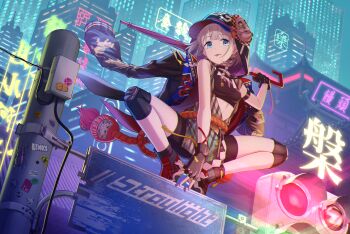 Rule 34 | 1girl, :3, :p, bike shorts, black coat, black gloves, black shorts, black sports bra, blue eyes, boots, braid, chinese text, city, closed mouth, closed umbrella, coat, coat on shoulders, commentary request, dress, fingerless gloves, floating hair, full body, gloves, grey hair, highres, holding, holding umbrella, hood, hood up, hooded coat, idolmaster, idolmaster shiny colors, knee guards, kurageso, linea alba, long hair, looking at viewer, mask, mask on head, neon lights, night, orange boots, road sign, rope, serizawa asahi, shimenawa, shorts, side braids, sign, smile, solo, sports bra, striped clothes, striped dress, tongue, tongue out, traffic light, umbrella, umbrella over shoulder, vertical-striped clothes, vertical-striped dress