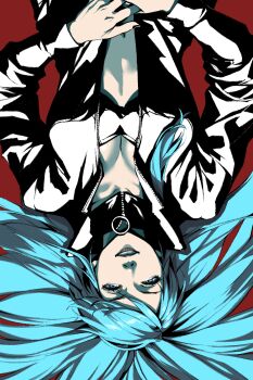 1girl black_lips blue_eyes blue_hair breasts center_opening cleavage collarbone devil_summoner:_soul_hackers devil_summoner_(series) hair_spread_out highres lipstick long_hair looking_at_viewer lying macossa makeup nail_polish navel nemissa on_back pale_skin shin_megami_tensei smile solo zipper