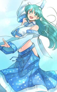 1girl :d arm_up bare_shoulders blue_background blue_ribbon blue_skirt blush breasts clothing_cutout collared_shirt commentary_request crop_top detached_sleeves feet_out_of_frame frog_hair_ornament gohei green_eyes green_hair hair_ornament hair_tubes hip_vent holding holding_gohei kochiya_sanae long_hair medium_breasts navel one-hour_drawing_challenge open_mouth outstretched_arm rangycrow ribbon shirt sideways_glance single_hair_tube single_sidelock skirt smile snake_hair_ornament solo stomach touhou underboob white_shirt