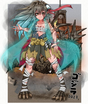Rule 34 | 1girl, 2023, absurdres, animal feet, artist name, bags under eyes, bandaged arm, bandaged breasts, bandaged chest, bandaged foot, bandaged hand, bandaged leg, bandaged wrist, bandages, black veins, blue hair, breasts, broken diving mask, broken mask, character name, cleavage, clock, clock tower, cosplay, destruction, dinosaur, dinosaur feet, dinosaur girl, dinosaur tail, diving mask, diving mask on head, embers, facial scar, fang, fire, genderswap, genderswap (mtf), giant, giantess, glowing, glowing hair, glowing scarf, godzilla, godzilla (cosplay), godzilla (series), godzilla minus one, goggles, goggles on head, grey hair, hair ribbon, highres, japanese clothes, japanese text, kaiju, kimono, long hair, looking at viewer, mask, monster, monster girl, multicolored hair, personification, real world location, ribbon, scar, scar across eye, scar on arm, scar on breasts, scar on cheek, scar on chest, scar on face, scar on leg, scar on neck, scar on shoulder, scar on thighs, scarf, sky, smoke, spikes, tail, toho, tokyo (city), torn clothes, torn kimono, tower, two-tone hair, veins, veins around eyes, veiny face, wako (department store), wako clock tower, yanagi zaki