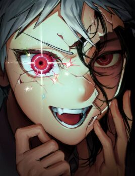 Rule 34 | 1boy, :d, absurdres, black hair, cracked kawaii mask, danganronpa (series), danganronpa 2: goodbye despair, fangs, glowing, glowing eyes, hair between eyes, hands up, highres, hinata hajime, hinata hajime (awakened), kamukura izuru, kwang 176, open mouth, portrait, red eyes, short hair, smile, solo, spiked hair, teeth, tongue, white hair